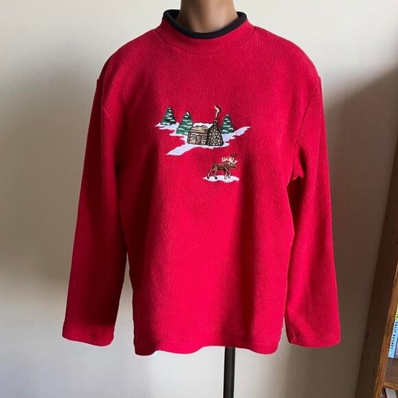 Vintage C&B Sport Fleece Winter Cabin Sweatshirt Christmas Sweater Red Mockneck - Picture 2 of 11